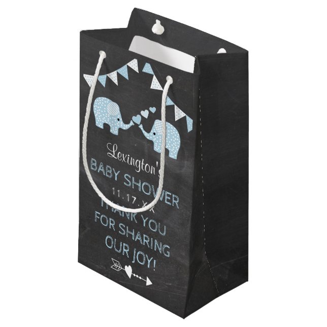 Twin Boys Blue Elephants Baby Shower Thank You Small Gift Bag (Front Angled)