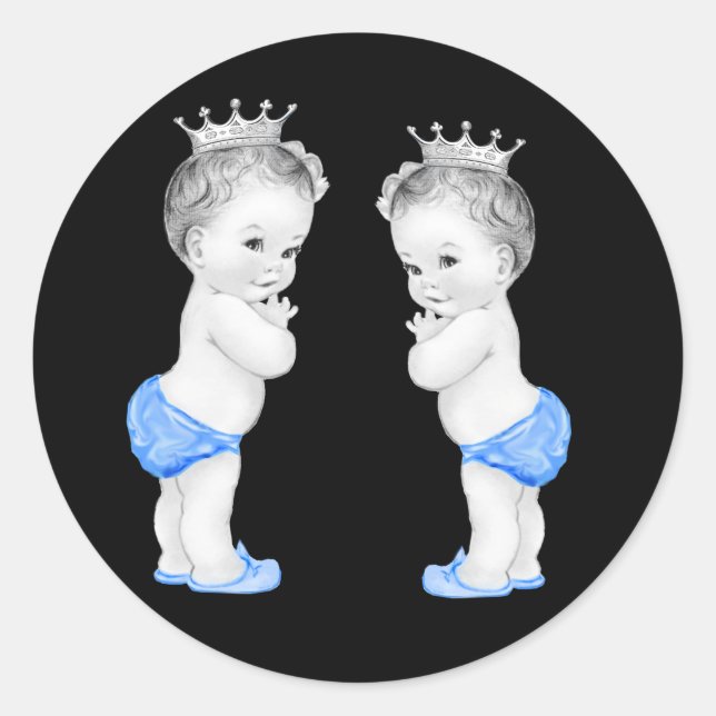Twin Boys Blue Prince Baby Shower Stickers (Front)