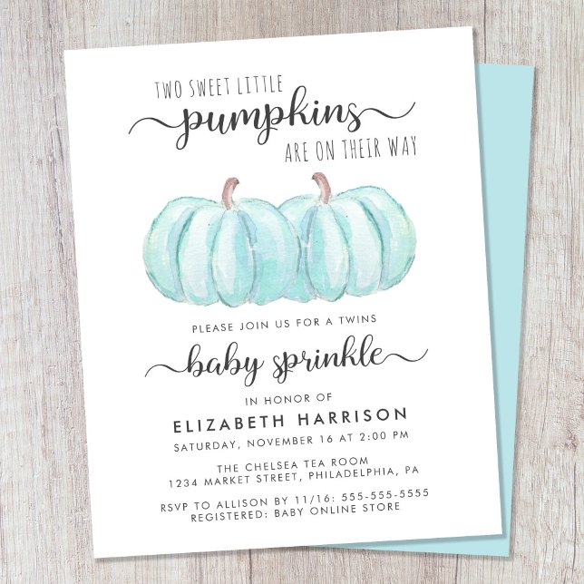 Twin Boys Blue Pumpkin Baby Sprinkle Invitation (Celebrate the upcoming arrival of your autumn twin baby boys with a pumpkin-themed baby sprinkle)