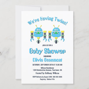 Twin Boys Blue Robot Baby Shower Invitation