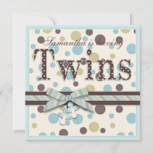 TWIN BOYS Blue Sage Brown Dots Baby Shower Invitation