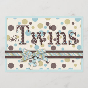 TWIN BOYS Blue Sage Brown Dots Baby Shower Invitation