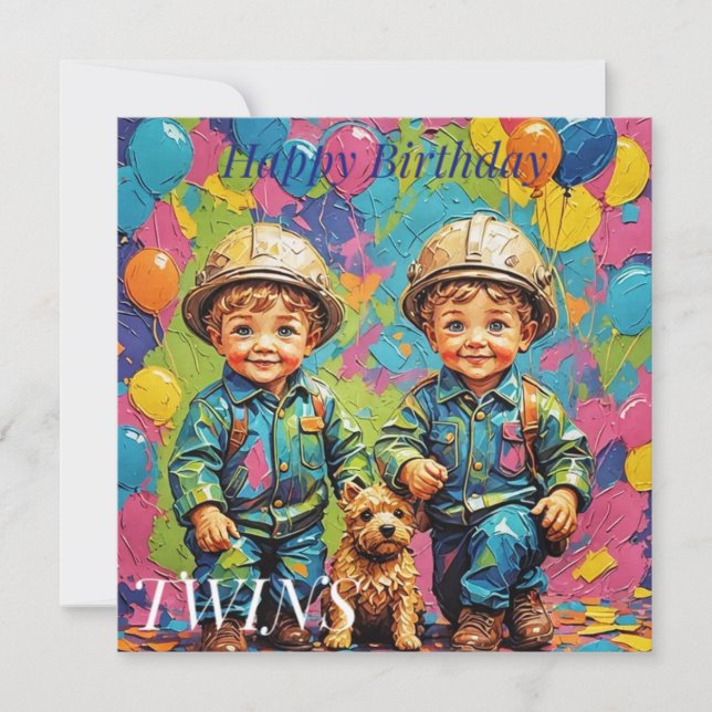 TWIN BOYS ~ Carte d'anniversaire ~ Constructeurs ~ (Devant)