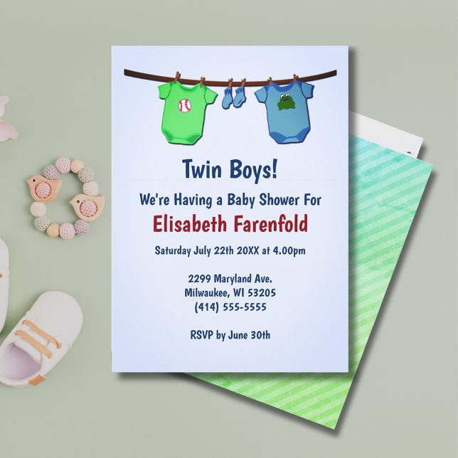 Twin Boys Close Line Blue & Green Baby Shower Invitation (Twin Boys Close Line Blue & Green Baby Shower Invitation)
