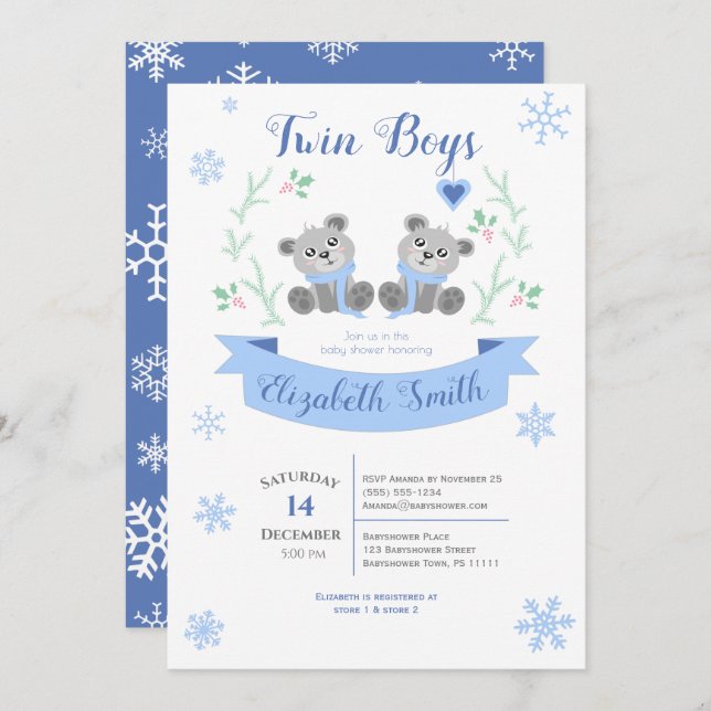 Twin Boys Cute bear winter babyshower Invitation (Front/Back)