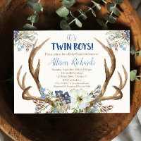 Twin boys deer antlers baby shower invitation 