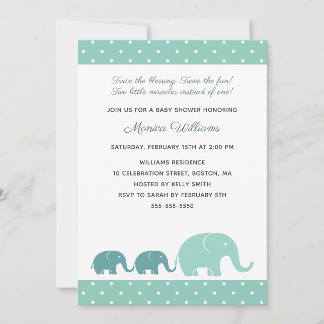 Twin Boys Elephant Baby Shower Invitations - Blue (Front)