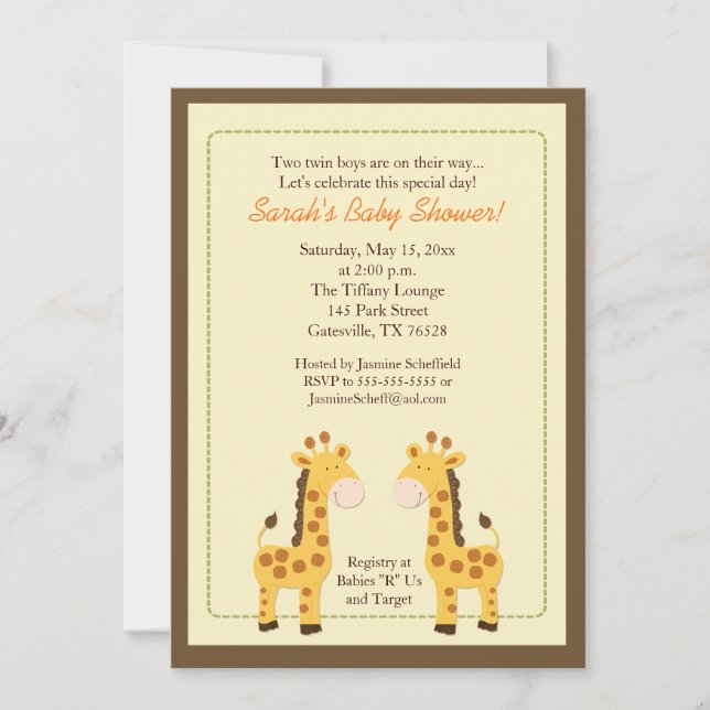 Twin Boys Giraffe 5x7 Baby Shower Invitation (Front)