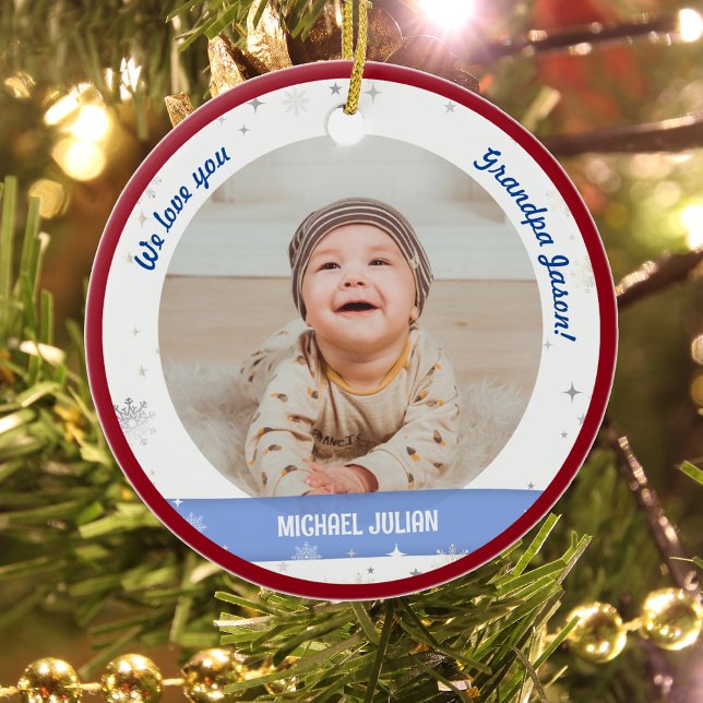Twin Boys Photos Grandpa Cute First Christmas Baby Ceramic Ornament (Cute Modern Elegant Personalized First Christmas Baby We love you Grandpa Twin Boys 2 Photos Snow)