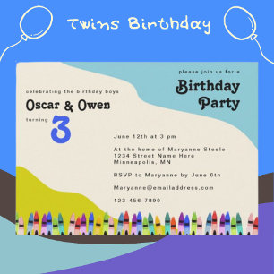 Twin Boys Retro 70's Floral Birthday Party Invitation