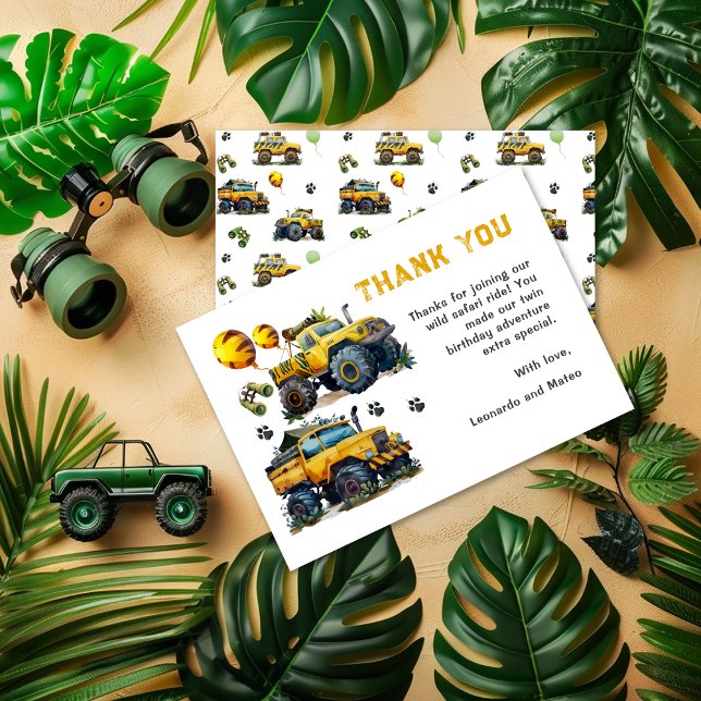 Twin Boys Safari Jungle Monster Truck Birthday Thank You Card (Creator Uploaded)