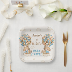 Twin Boys Shower Blue Beige Cute Bears Paper Plate