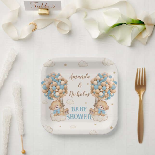 Twin Boys Shower Blue Beige Cute Bears Paper Plate (Wedding)