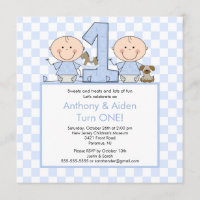 Twin Boys Stick Figure Twins Birthday Invitation