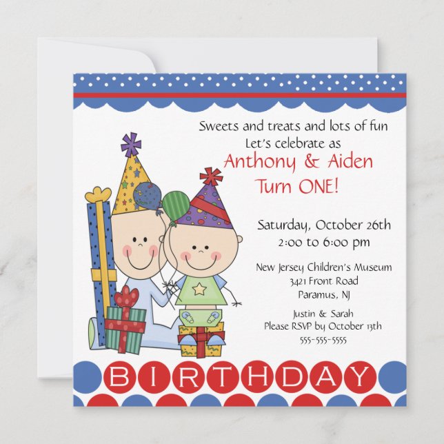 Twin Boys Stick Figure Twins Birthday Invitation (Front)