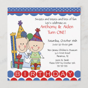 Twin Boys Stick Figure Twins Invitation d'annivers