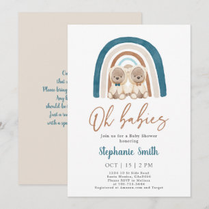 Twin Boys Teddy Bear Rainbow Baby Shower Invitation