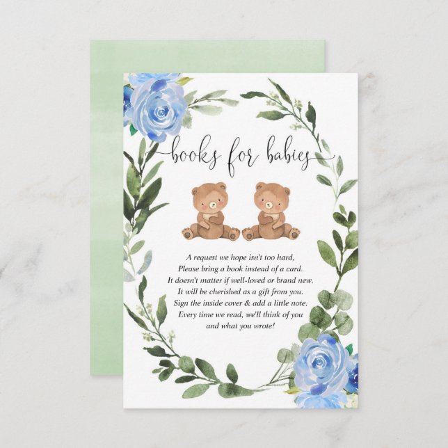 Twin boys teddy bears greenery blue books for baby enclosure card (Front/Back)