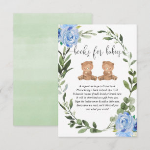 Twin boys teddy bears greenery blue books for baby enclosure card