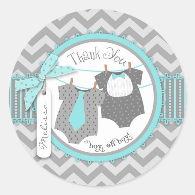 Twin Boys Tie Bow Tie Chevron Print Thank You Classic Round Sticker (Front)