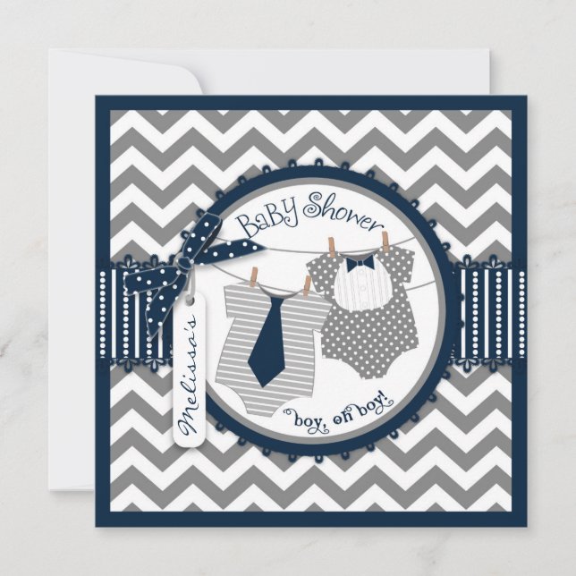 Twin Boys Ties Chevron Print Baby Shower Invitation (Front)