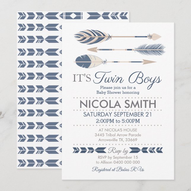 Twin Boys Tribal Arrow Baby Shower Invitation (Front/Back)
