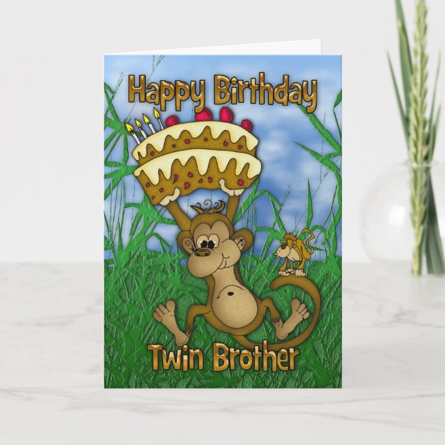 Twin Brother Happy Birthday with monkey holding ca Card (Front)