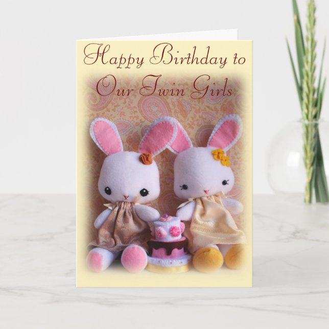 Twin Bunnies with Cake Happy Birthday Card (Front)
