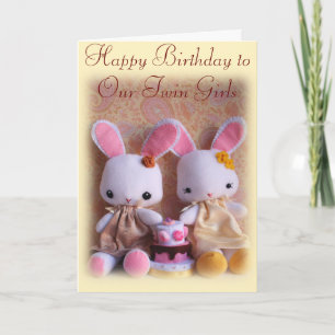 Twin Bunnies with Cake Happy Birthday Card
