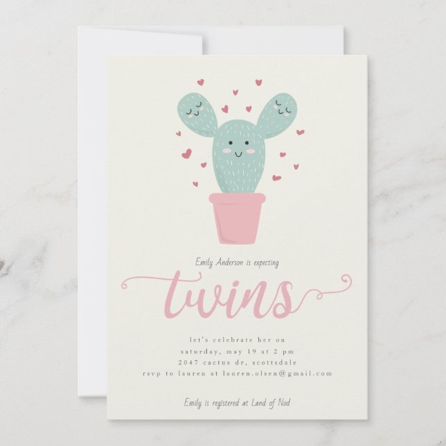 Twin Cactus | Invitation Baby shower Twins (Devant)
