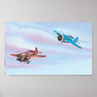 Twin cartoon prop aircraft flying poster