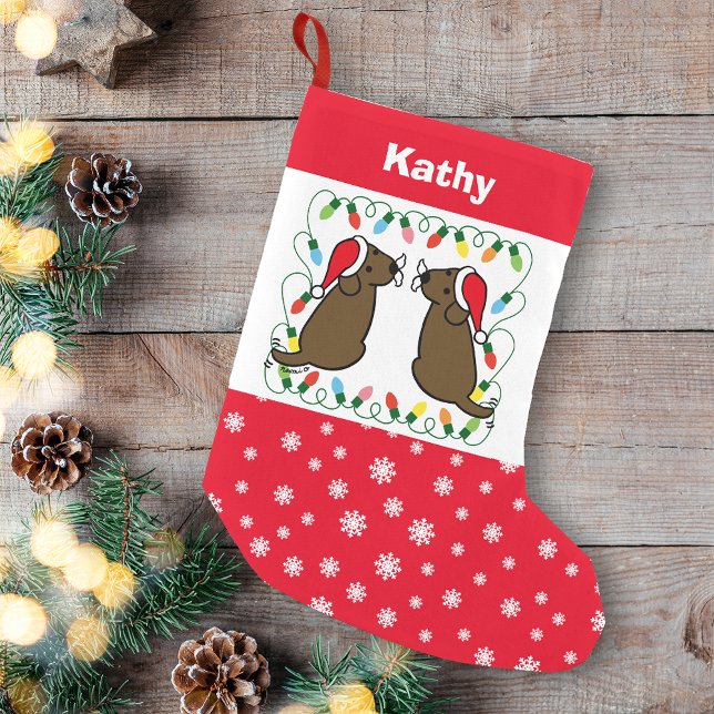 Twin Chocolate Labrador Santas Small Christmas Stocking (Personalized Twin Chocolate Labrador Santas Christmas Stocking for Labrador Retriever Owners.)