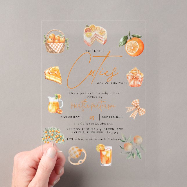 Twin citrus orange Cutie Summer Baby Shower Acrylic Invitations (Insitu (Handheld))