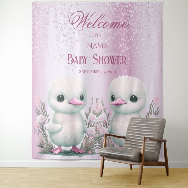 Twin Ducks Pink Floral Backdrop Tapestry (In Situ)