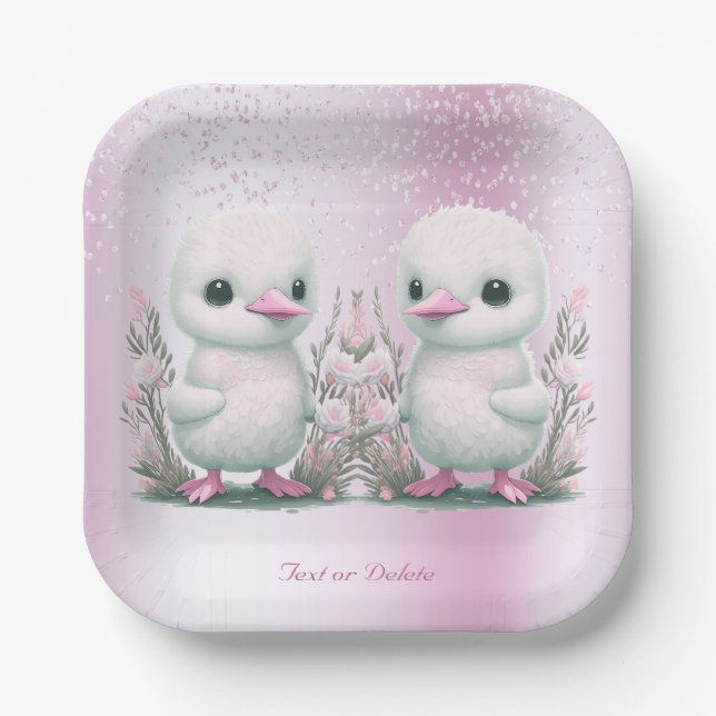 Twin Ducks Pink Floral Paper Plate (Front)
