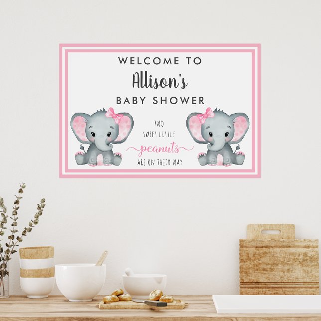 Twin Elephant Baby Girl Shower Welcome Poster (Kitchen)
