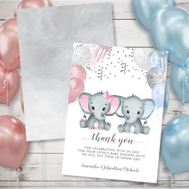 Twin Elephant Balloons Watercolor Baby Shower Thank You Card (Twin Elephant Balloons Watercolor Baby Shower Thank You Card)