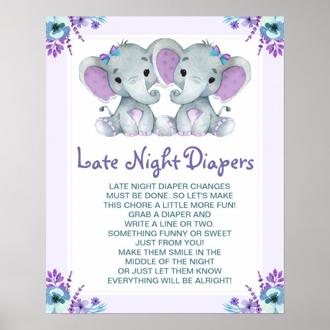 Twin Elephants Late Night Diapers Baby Shower Game Poster (Front)