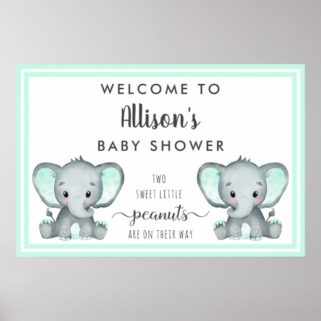 Twin Elephants Mint Baby Shower Welcome Poster (Front)