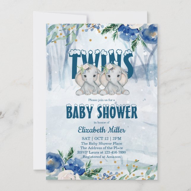 Twin Elephants Winter Baby Shower Invitation (Front)