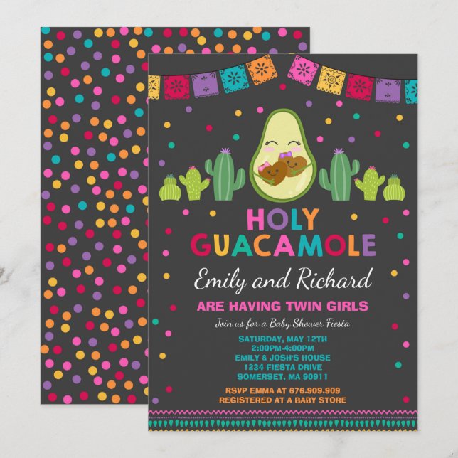 Twin Fiesta Baby shower Invitation Saint Guacamole (Devant / Derrière)