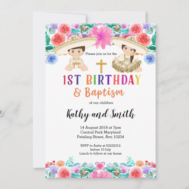 Twin Fiesta Birthday and Baptism Invitation (Front)
