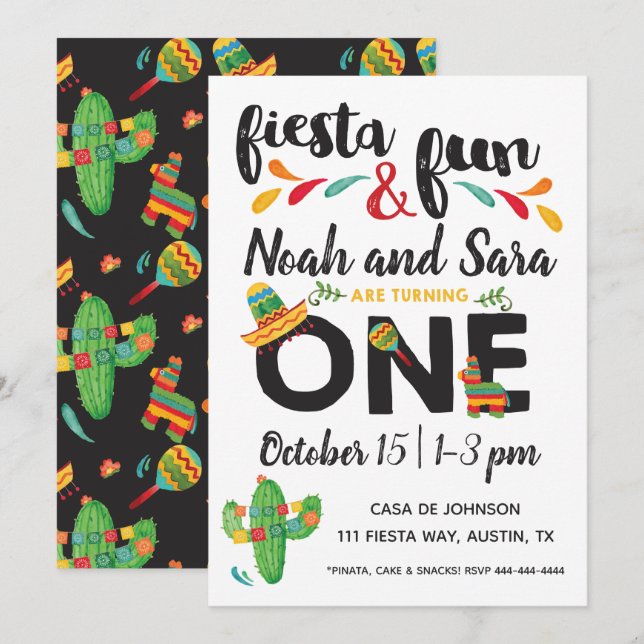 Twin Fiesta First Birthday Invitation (Front/Back)