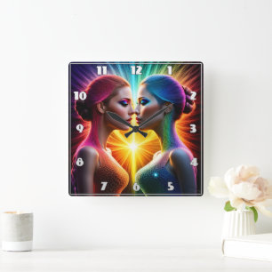 Twin Figures in Colourful Light Embrace Square Wall Clock