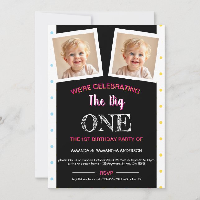 Twin First Birthday Invitation (Front)