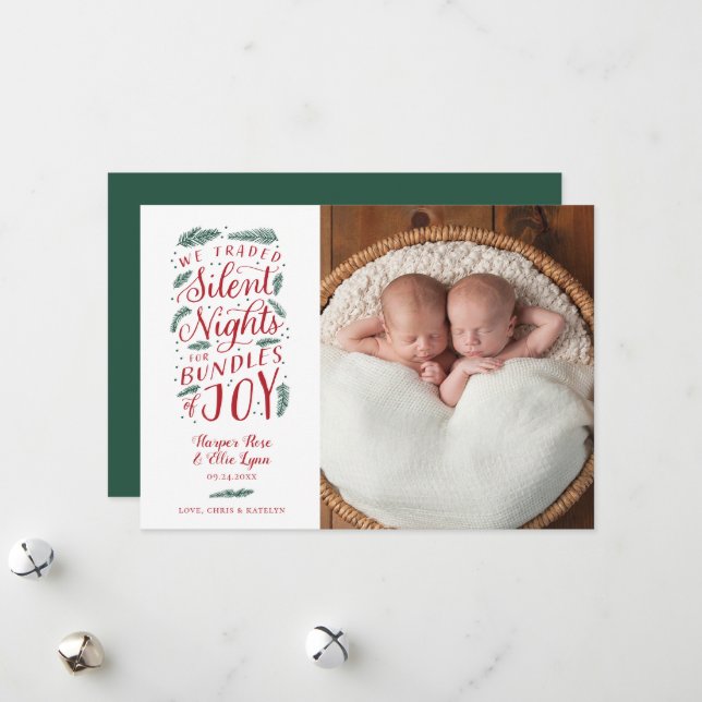 Twin First Christmas Birth Announcement Holiday  (Front/Back In Situ)