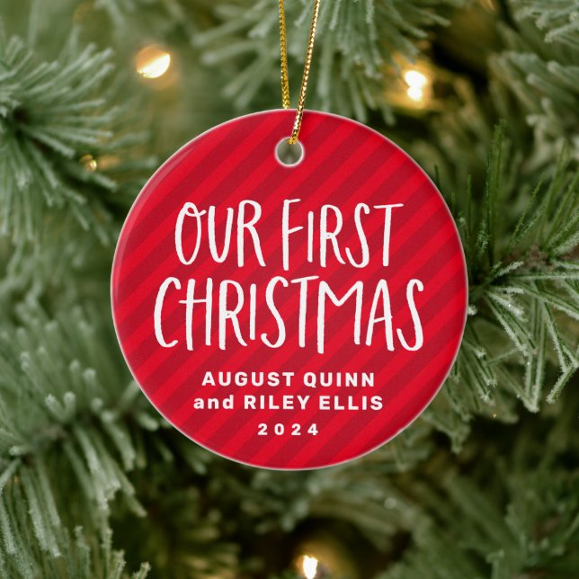 Twin first Christmas red personalized baby photo Ceramic Ornament (Tree)
