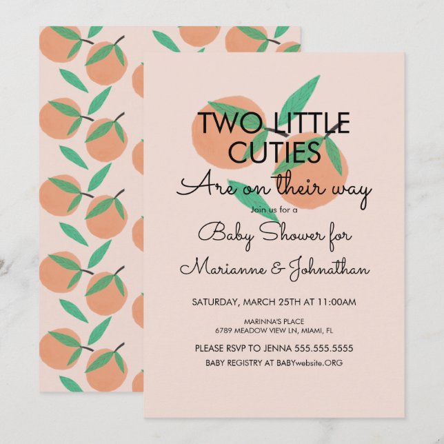 Twin Fruit Baby shower Oranges Invitation (Devant / Derrière)