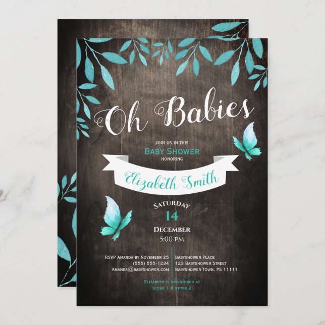 Twin Gender neutral watercolor babyshower Invitation (Front/Back)