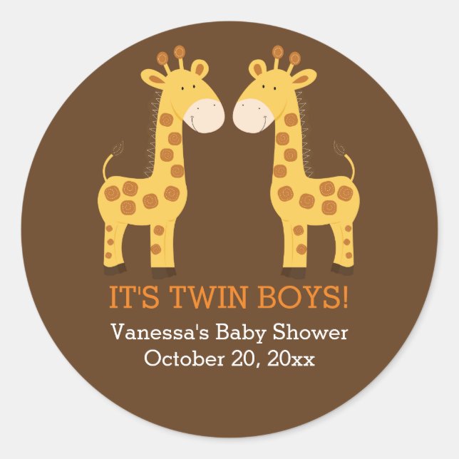 Twin Giraffes Twins Round Favour Sticker (Front)